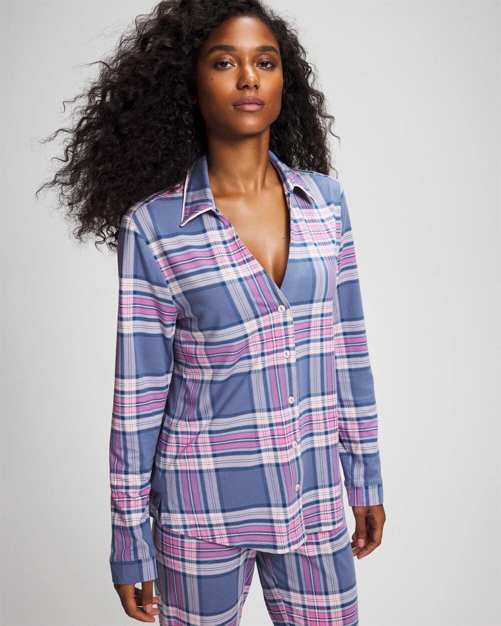 Long-Sleeve Notch Collar Pajama Top - PRETTY PLAID SUNDOWN | Soma on sale