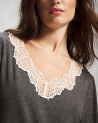 Lace Trim Long Sleeve Pajama Top - CHARCOAL HEATHER W/ SHINE | Soma for sale