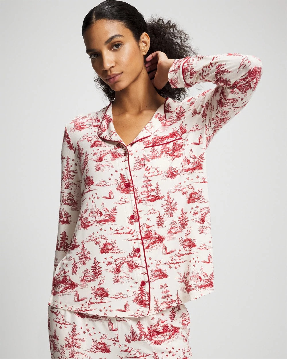 Piped Long-Sleeve Notch Pajama Top - ENCHANTED TOILE CHAMPAGNE | Soma near me