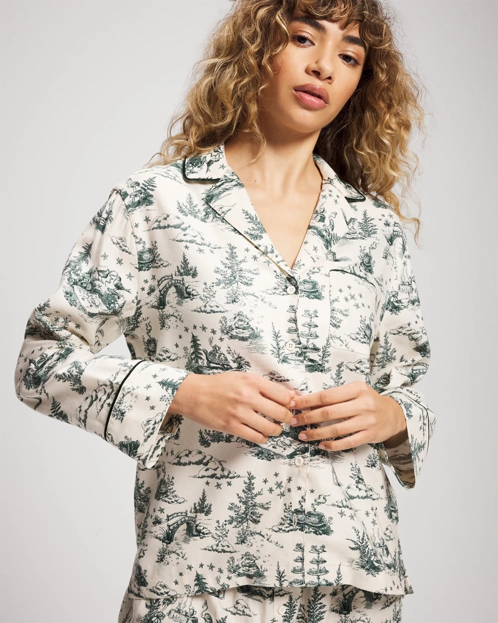 Long-Sleeve Notch Collar Pajama Top - ENCHANTED TOILE GREEN | Soma Online