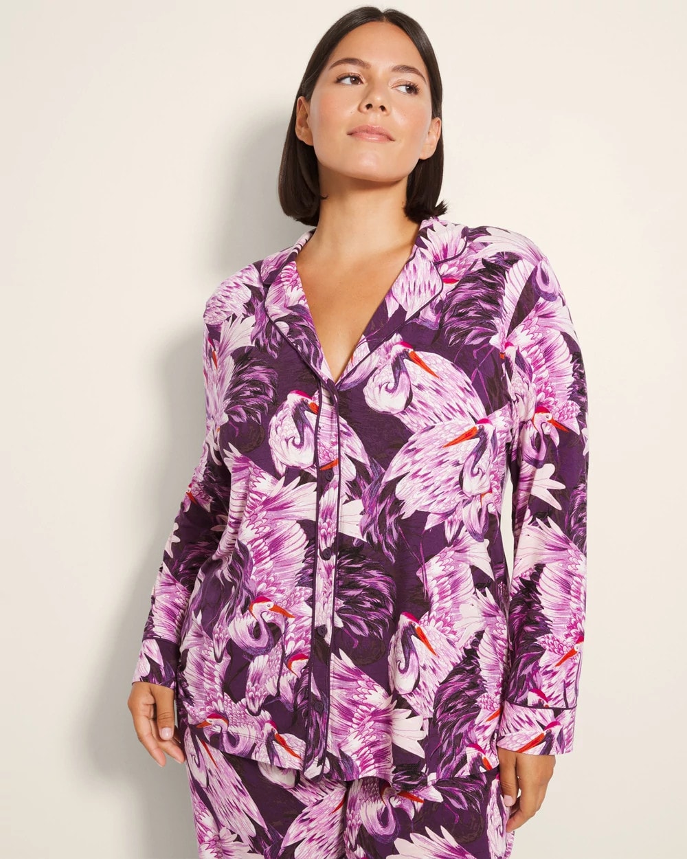 Long-Sleeve Printed Notch Collar Pajama Top - COURTING CRANES BLKBRY | Soma Online