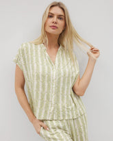 Mandarin Collar Short Sleeve Pajama Top - CHILL STRIPE CHAMPAGNE | Soma Online
