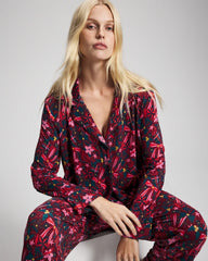 Cool Nights Long Sleeve Notch Collar with Piped Placket Pajama Top - HOLLY JOLLY RED VELVET | Soma for sale