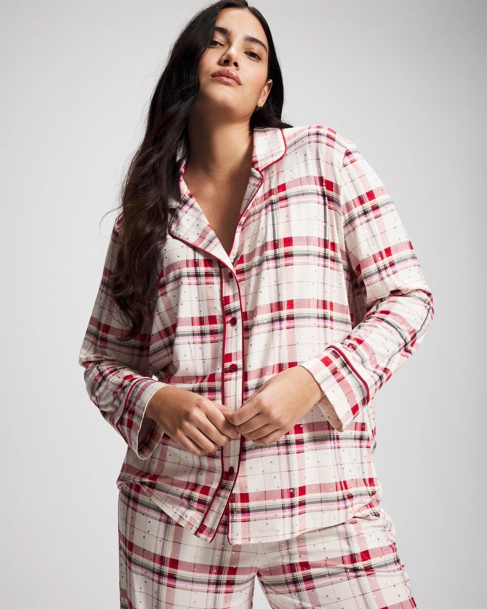 Cool Nights Long Sleeve Notch Collar with Piped Placket Pajama Top - TARTAN TEXTILE CHAMP | Soma on sale