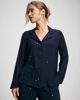 Cool Nights Long Sleeve Notch Collar with Piped Placket Pajama Top - SILVER DEW DROP/NAVY | Soma sale
