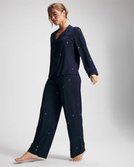 Cool Nights Long Sleeve Notch Collar with Piped Placket Pajama Top - SILVER DEW DROP/NAVY | Soma sale