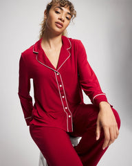 Long Sleeve Notch Collar w/ Piped Placket Pajama Top - PAINT THE TOWN RED | Soma for sale