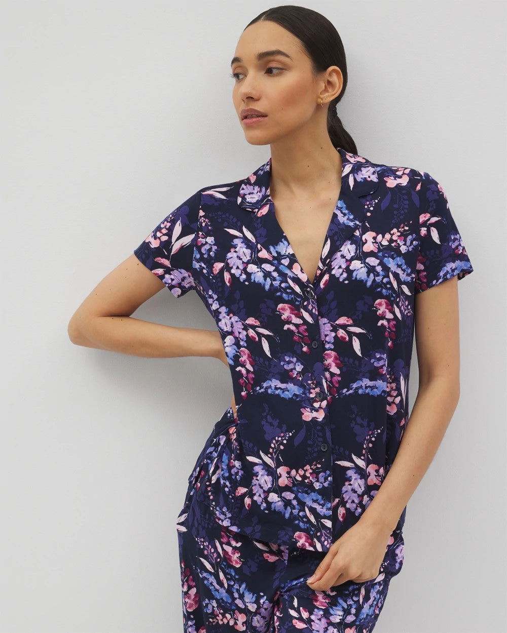 Short Sleeve Notch Collar Pajama Top - BLOOM BRIGHTLY NAVY | Soma discount