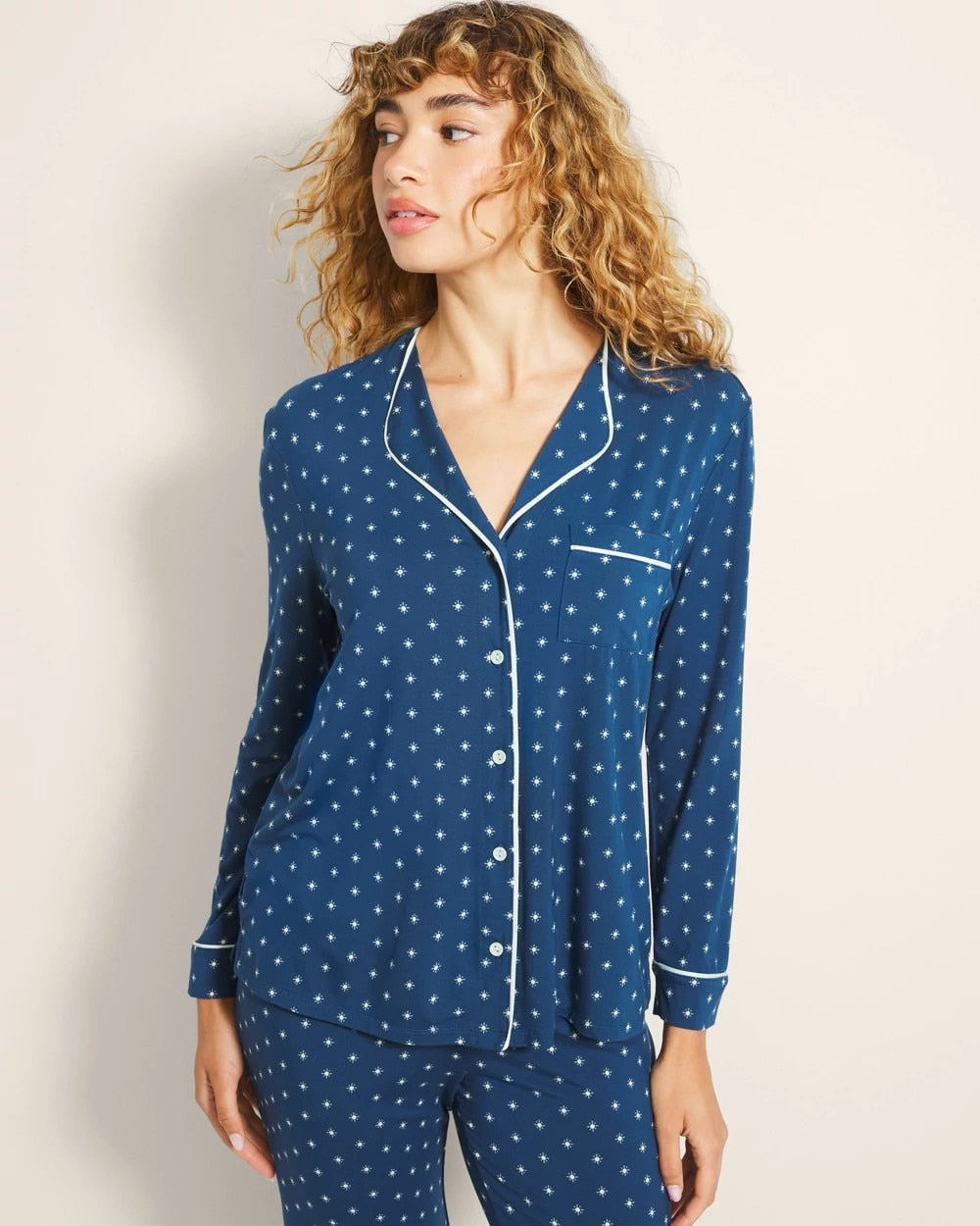 Piped Long-Sleeve Notch Pajama Top - CELEBRATED DOT BLUE | Soma near me