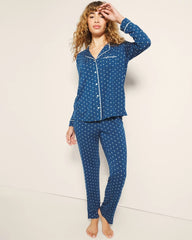 Piped Long-Sleeve Notch Pajama Top - CELEBRATED DOT BLUE | Soma near me