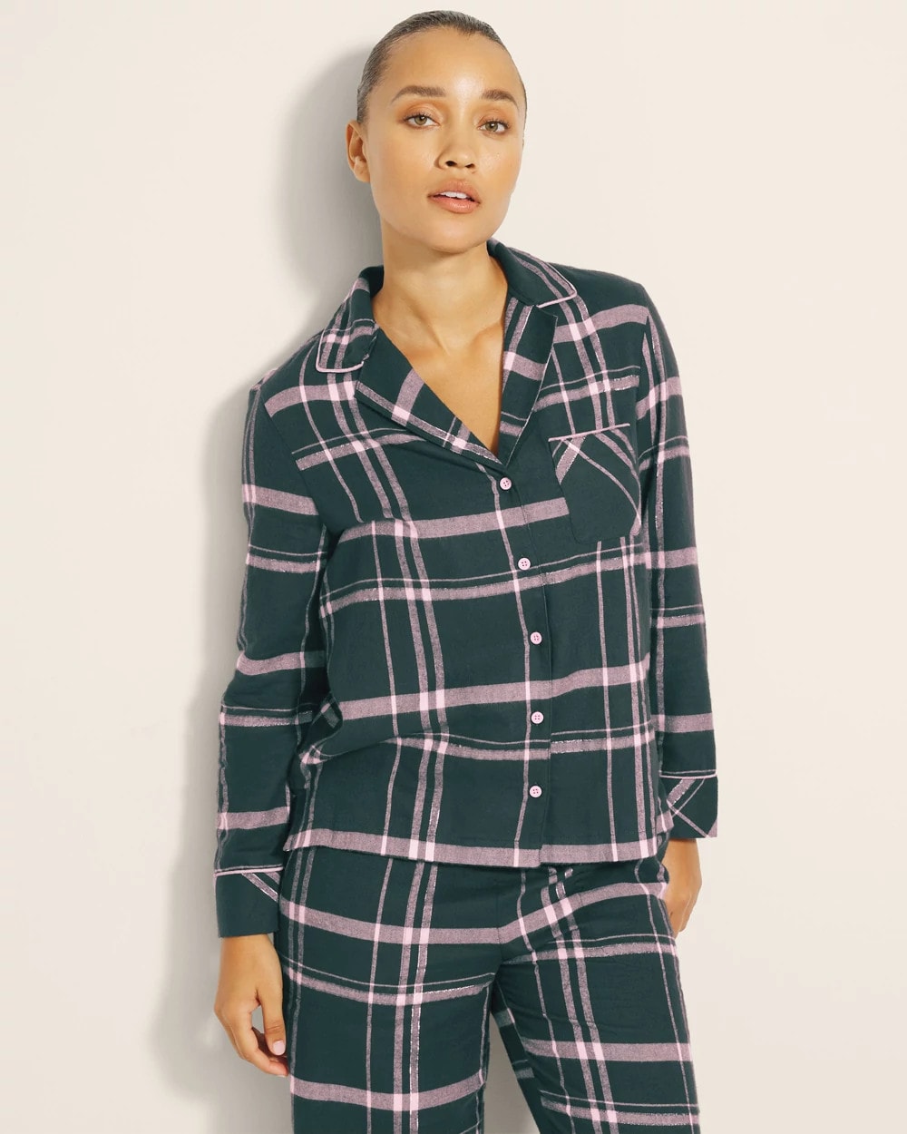 Super Soft Long-Sleeve Notch Collar Pajama Top - ASPEN PLAID EVERGLADE | Soma discount
