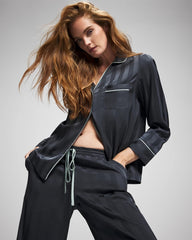 Shadow Stripe Long Sleeve Pajama Notch Collar Top - PETROL | Soma sale