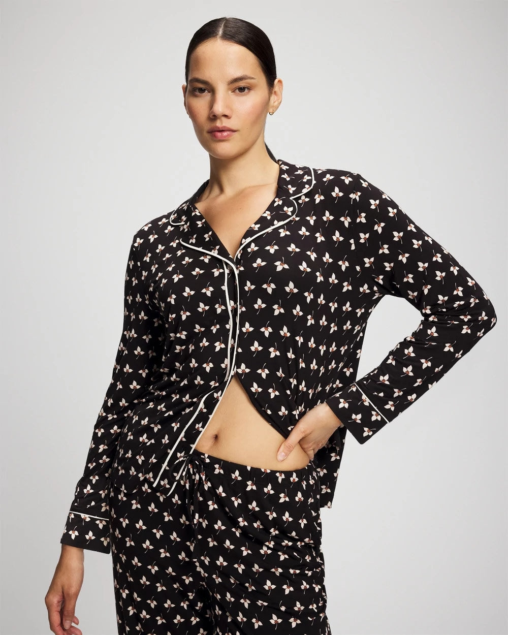 Long-Sleeve Printed Notch Collar Pajama Top - PEACEFUL PETALS BLACK | Soma sale
