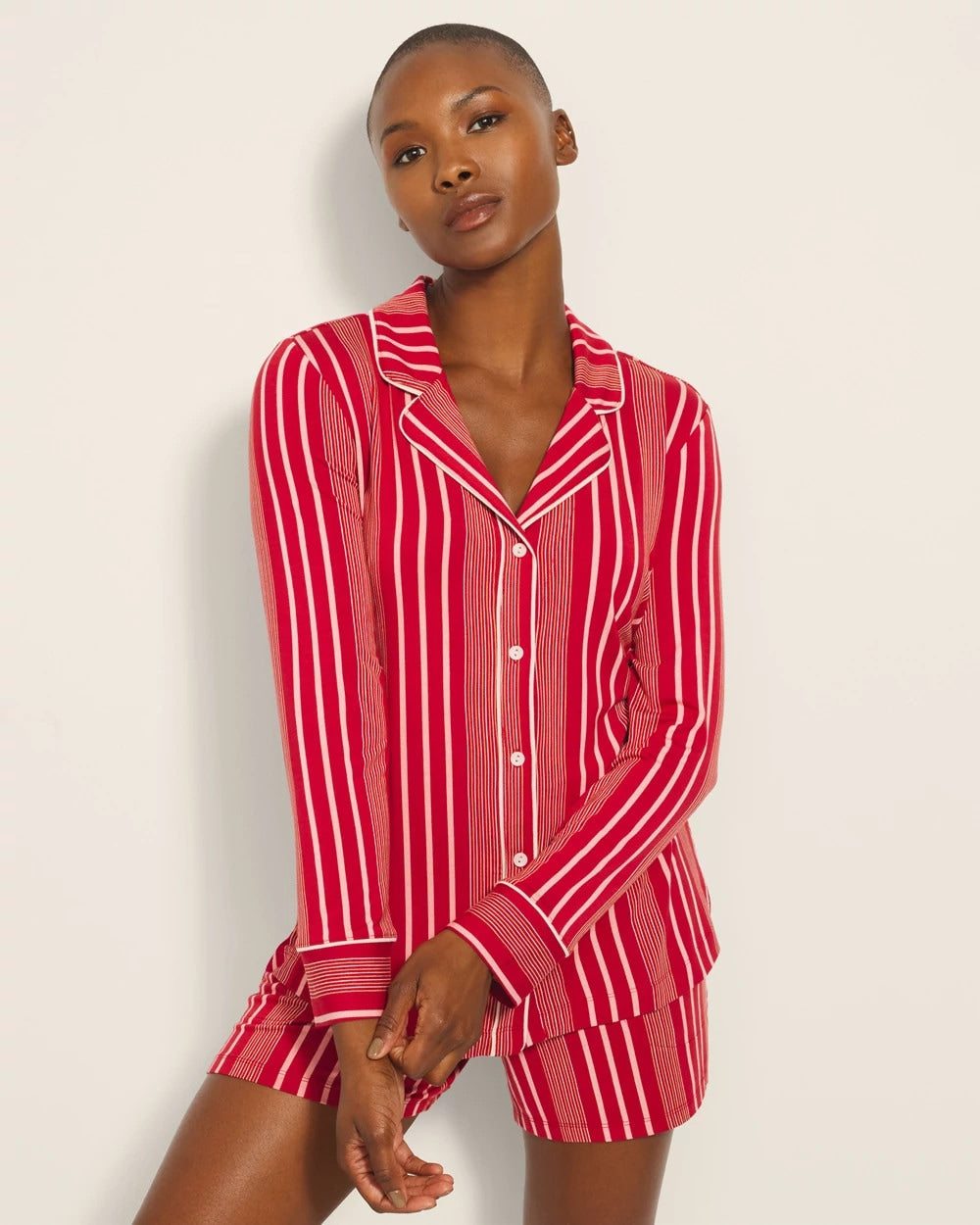 Long-Sleeve Printed Notch Collar Pajama Top - ASPEN STRIPE RED | Soma outlet