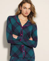 Long-Sleeve Printed Notch Collar Pajama Top - BUNDLE UP PLAID BIAS TEAL | Soma on sale