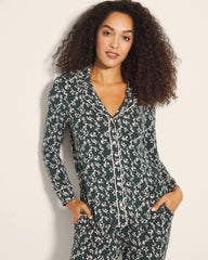 Long-Sleeve Printed Notch Collar Pajama Top - TINY PETALS DK EVERGLADE | Soma Online