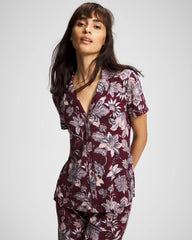 Piped Short Sleeve Notch Collar Pajama Top - PAISLEY SPLENDOR PLUM | Soma outlet