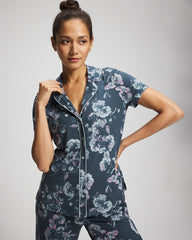 Piped Short Sleeve Notch Collar Pajama Top - FLORA SHIMMER PETROL | Soma near me
