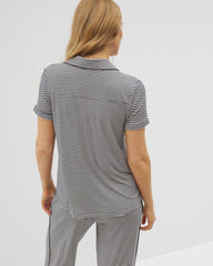 Piped Short Sleeve Notch Collar Pajama Top - NIGHTCAP STRIPE NAVY | Soma discount