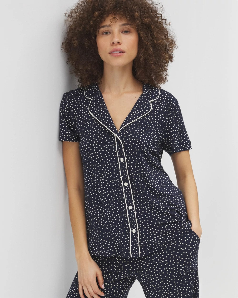 Piped Short Sleeve Notch Collar Pajama Top - DOT OBSESSED NAVY | Soma Online