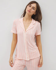 Piped Short Sleeve Notch Collar Pajama Top - SUNNY STRIPES CHAMPAGNE | Soma for sale