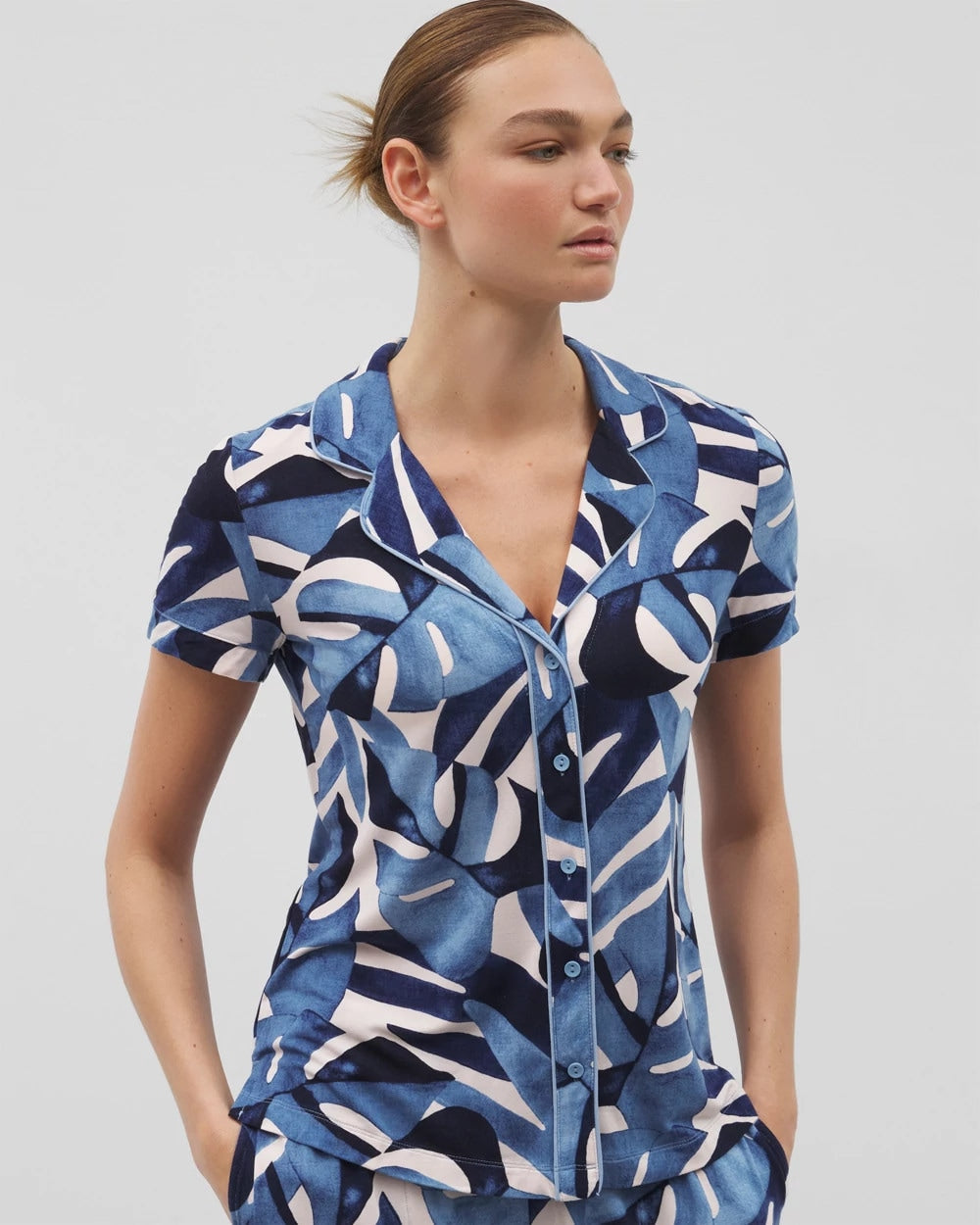Piped Short Sleeve Notch Collar Pajama Top - TROPICAL BREEZE SKY | Soma discount