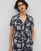 Piped Short Sleeve Notch Collar Pajama Top - PLUMERIA DREAM NAVY | Soma outlet