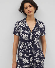Piped Short Sleeve Notch Collar Pajama Top - PLUMERIA DREAM NAVY | Soma outlet
