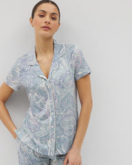 Piped Short Sleeve Notch Collar Pajama Top - GLOBAL PAISLEY GRAND C | Soma for sale