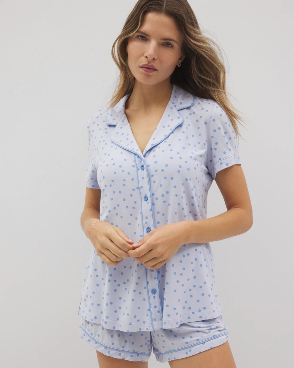 Piped Short Sleeve Notch Collar Pajama Top - MERRY DOT OCEAN AIR | Soma on sale