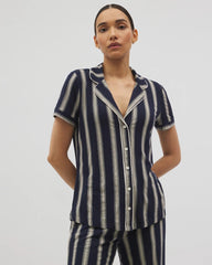 Piped Short Sleeve Notch Collar Pajama Top - HAMPTON STRIPE NA CHAMP | Soma sale