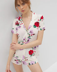 Piped Short Sleeve Notch Collar Pajama Top - RHAPSODY FLORAL SUGAR | Soma Online