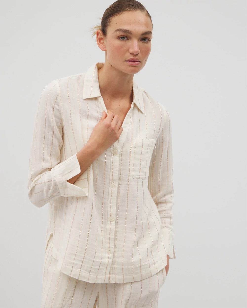 Cotton Gauze Long Sleeve Notch Collar Pajama Top - CHAMPAGNE STRIPE | Soma on sale