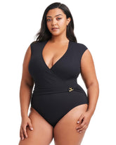 Pique Ole Cap Sleeve Surplice One Piece - BLACK | Soma for sale