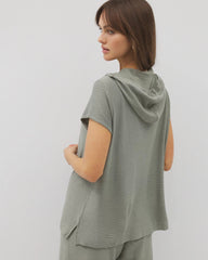 Crinkle Knit Short Sleeve V-Neck Hoodie - RESTORATION GREEN | Soma for sale