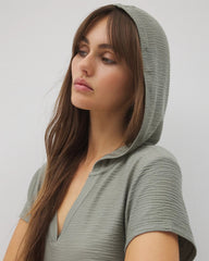 Crinkle Knit Short Sleeve V-Neck Hoodie - RESTORATION GREEN | Soma for sale