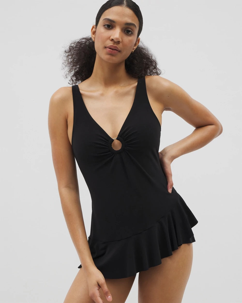 Beyond Control Solid Essentials Ruffle Swim Dress - BLACK | Soma on sale