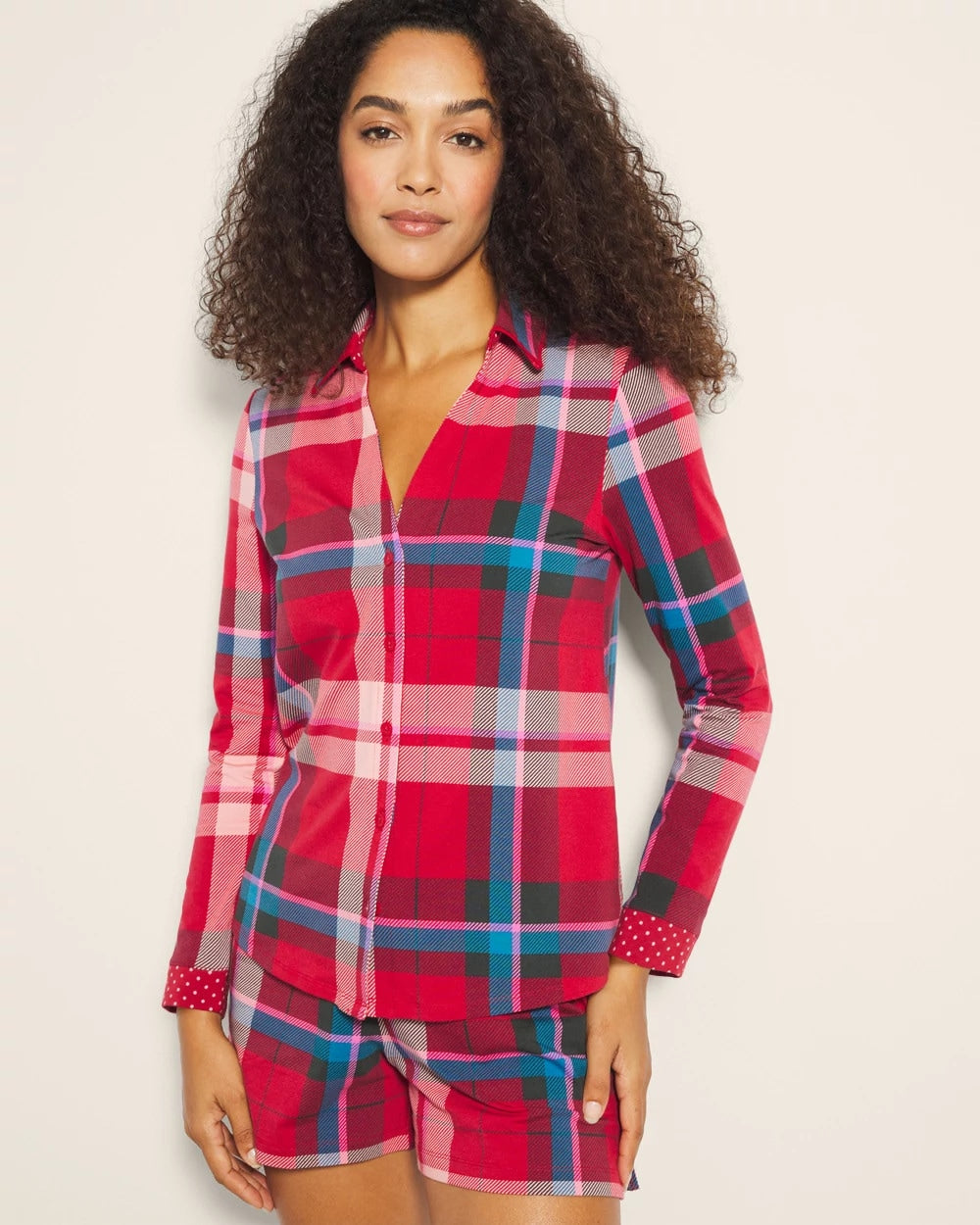 Long-Sleeve Notch Collar Pajama Top - SNUGGLE UP PLAID RED | Soma for sale