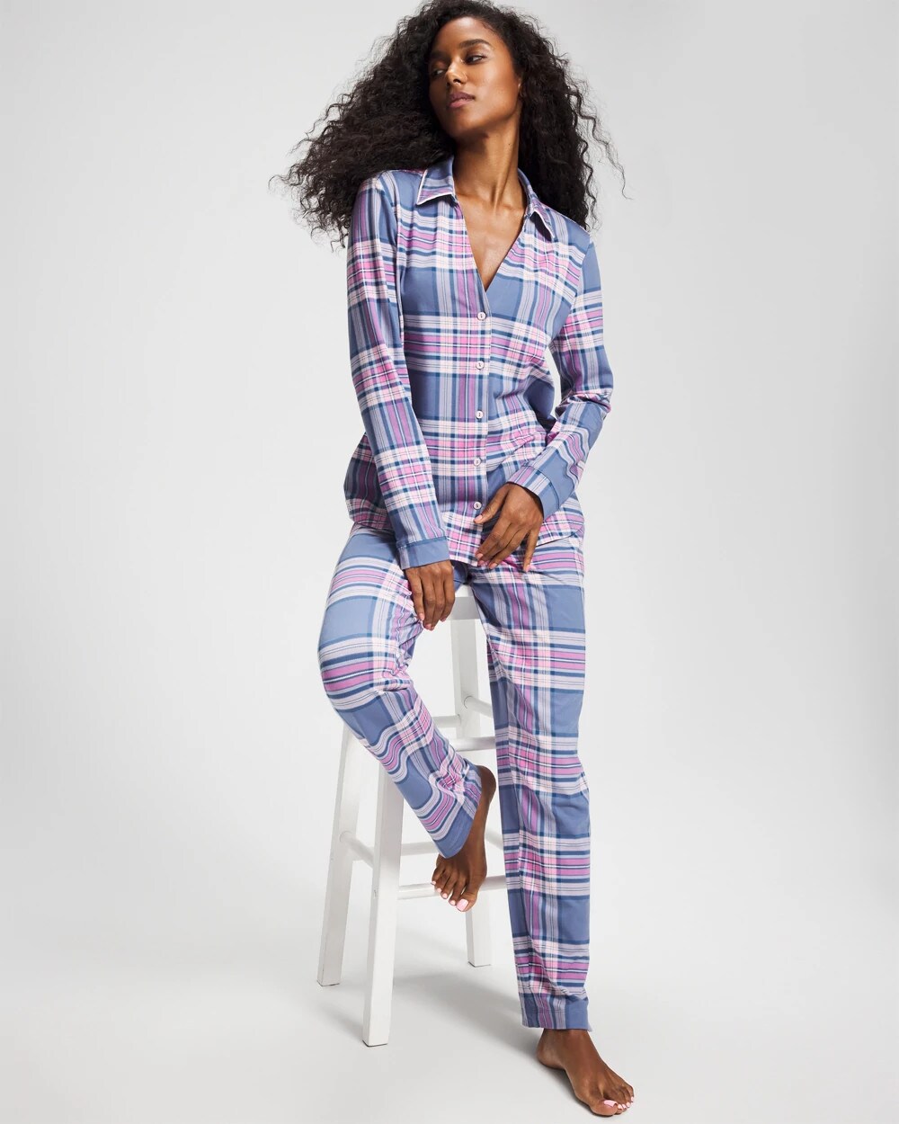 Long-Sleeve Notch Collar Pajama Top - PRETTY PLAID SUNDOWN | Soma on sale