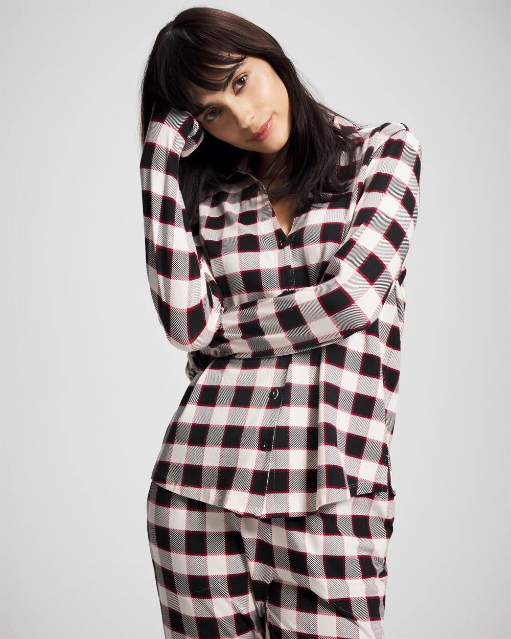 Long-Sleeve Notch Collar Pajama Top - DREAMSCAPE PLAID BLACK | Soma sale
