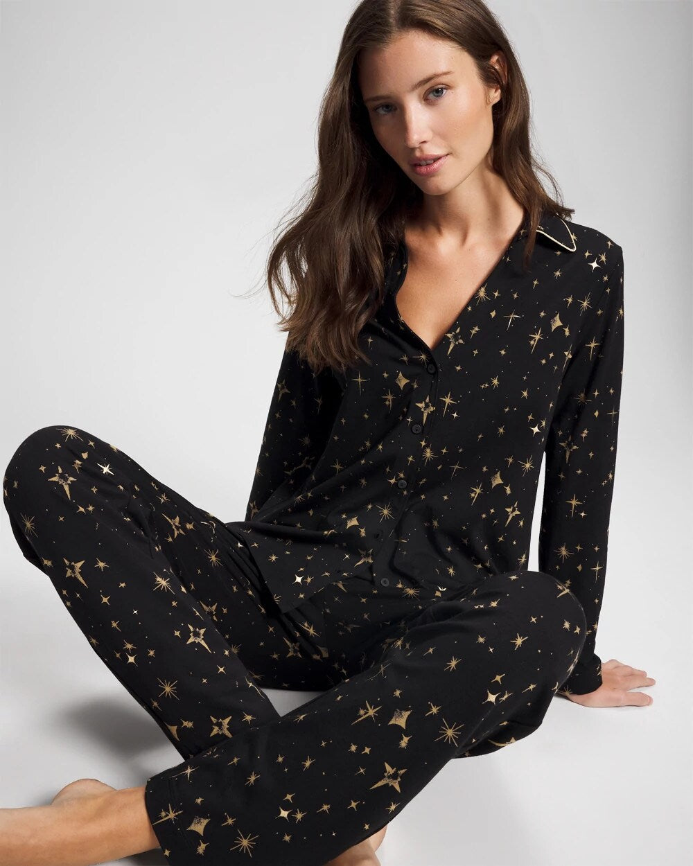 Long-Sleeve Notch Collar Pajama Top - STELLAR SCENE BLACK/FOIL | Soma Online