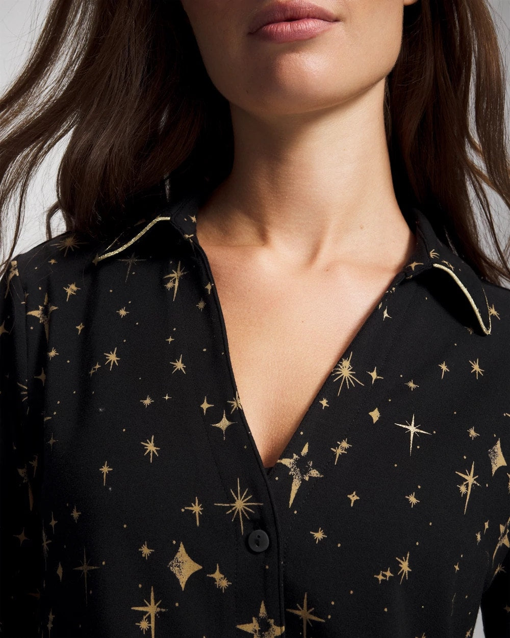 Long-Sleeve Notch Collar Pajama Top - STELLAR SCENE BLACK/FOIL | Soma Online