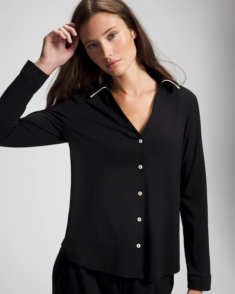 Long-Sleeve Notch Collar Pajama Top - BLACK | Soma outlet