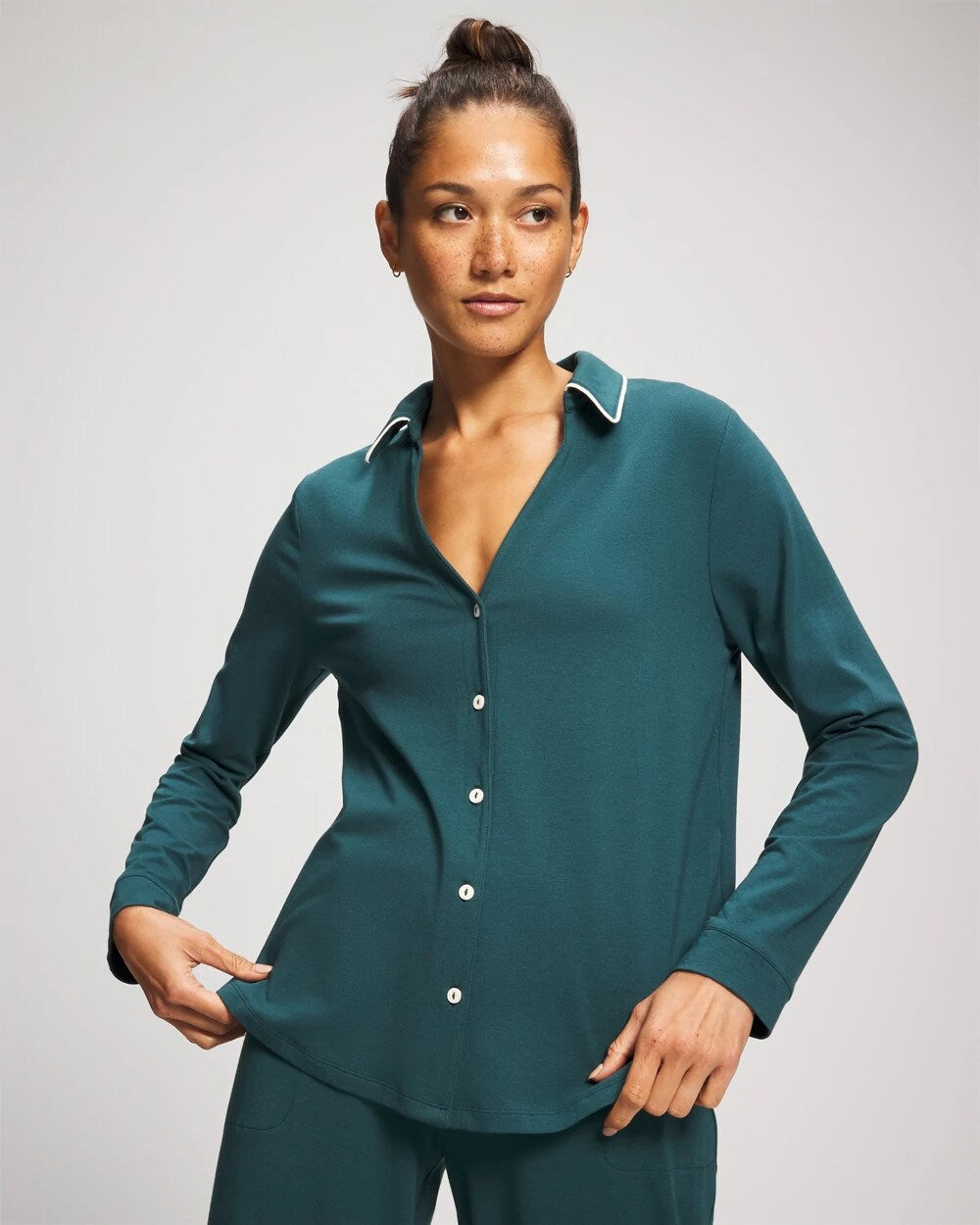 Long-Sleeve Notch Collar Pajama Top - DEEP TEAL | Soma on sale