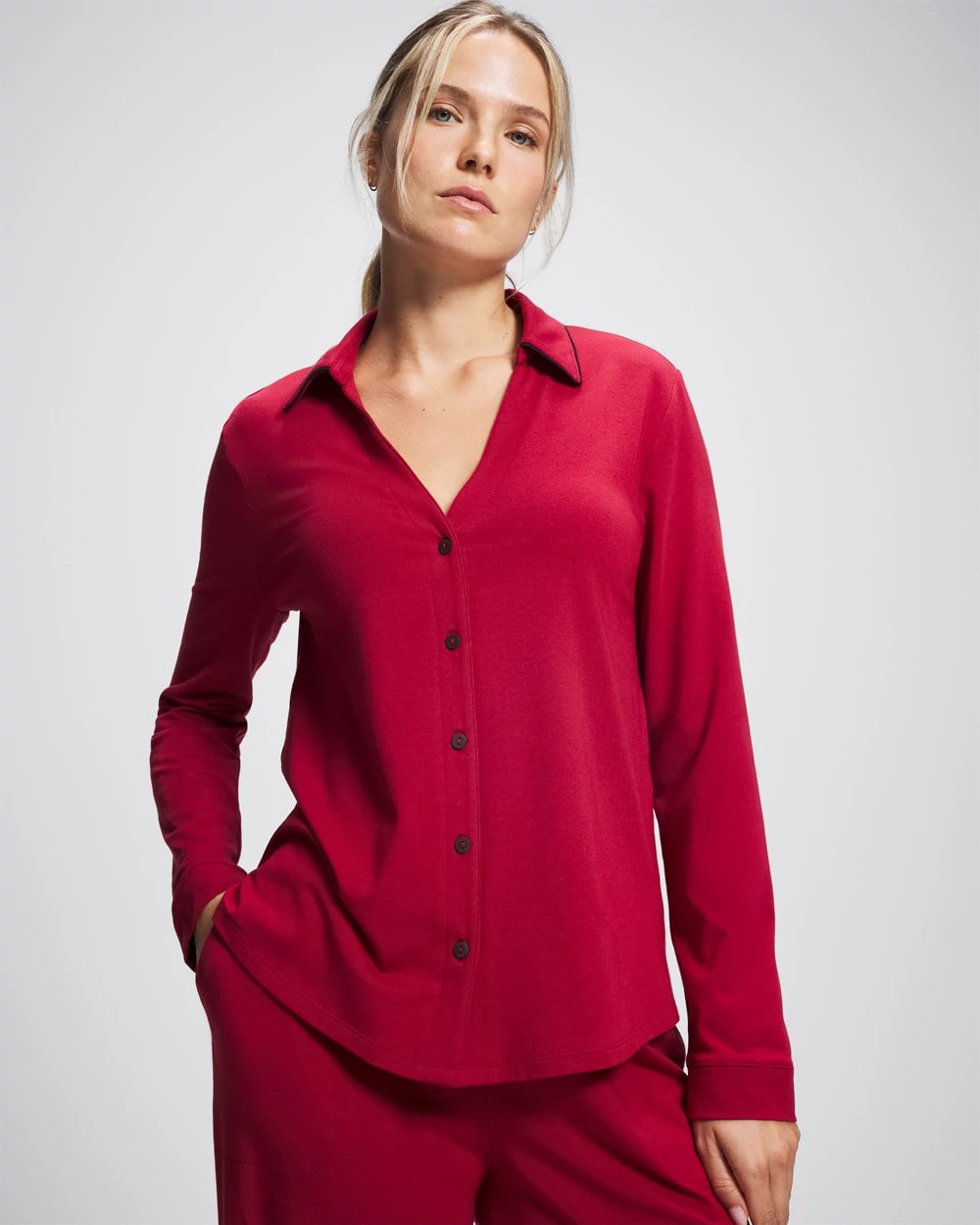 Long-Sleeve Notch Collar Pajama Top - PAINT THE TOWN RED | Soma sale