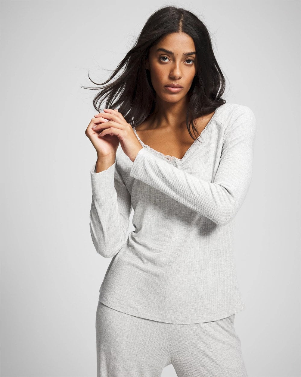 Pointelle Long Sleeve Pajama Top - HEATHER FROST | Soma for sale