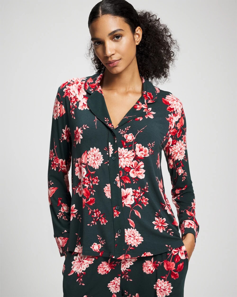 Cool Nights Long Sleeve Notch Collar with Piped Placket Pajama Top - COTTAGE FLORAL GREEN | Soma Online