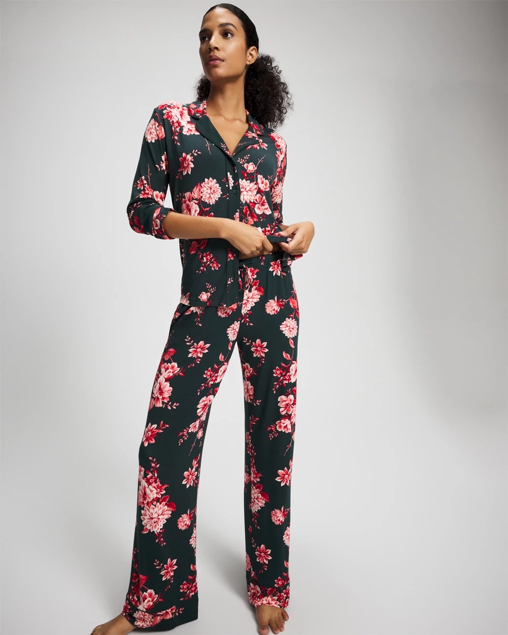 Cool Nights Long Sleeve Notch Collar with Piped Placket Pajama Top - COTTAGE FLORAL GREEN | Soma Online