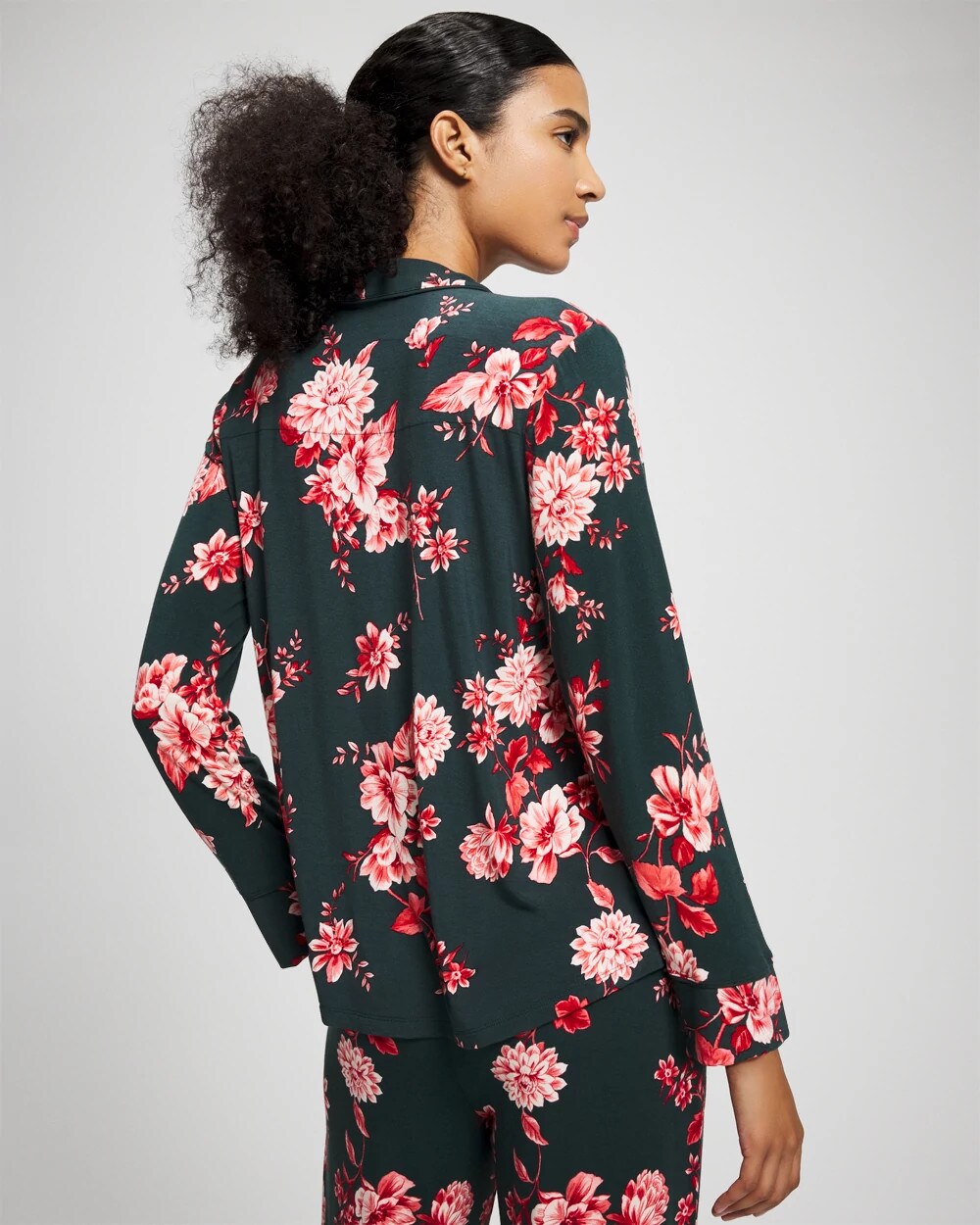 Cool Nights Long Sleeve Notch Collar with Piped Placket Pajama Top - COTTAGE FLORAL GREEN | Soma Online