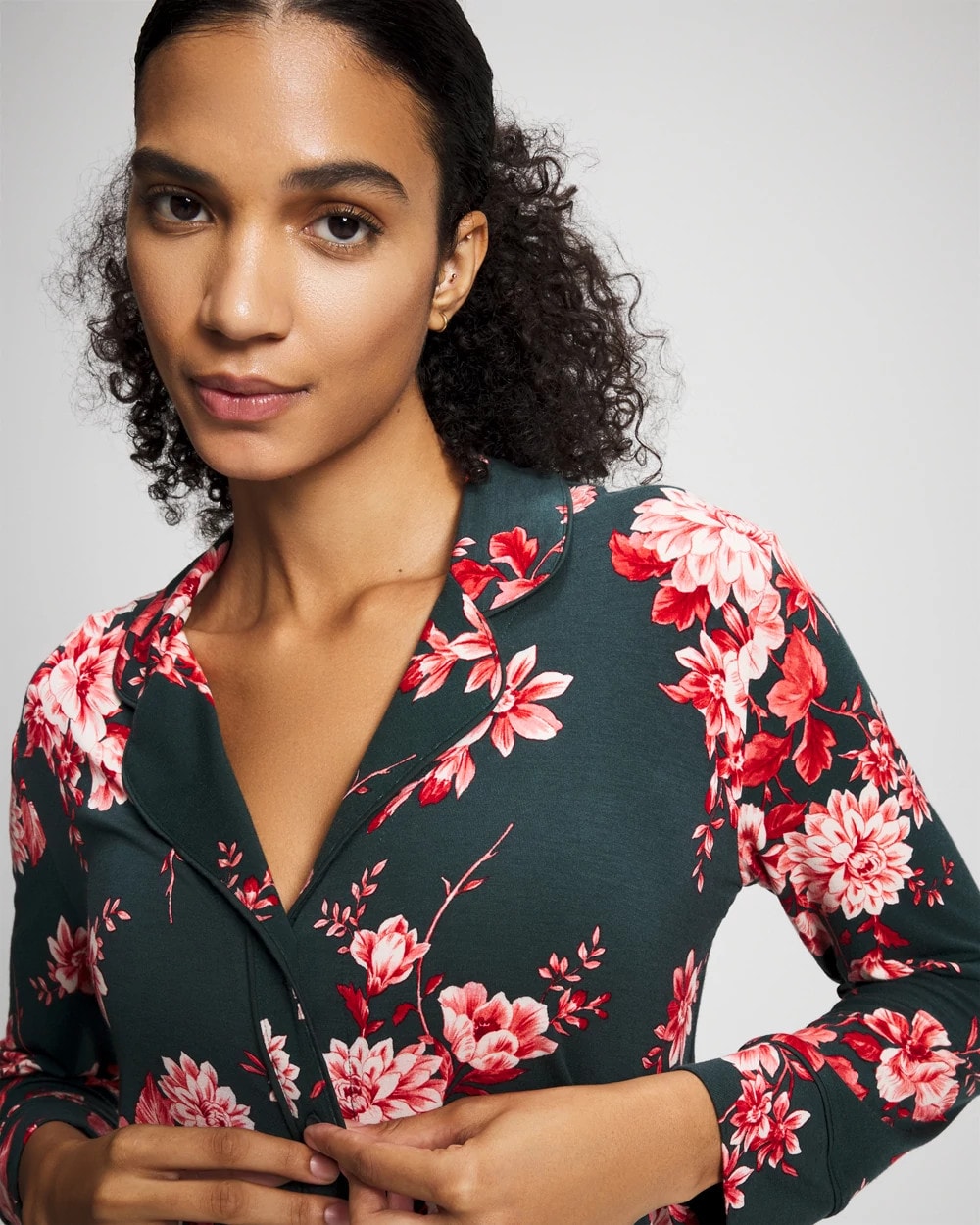 Cool Nights Long Sleeve Notch Collar with Piped Placket Pajama Top - COTTAGE FLORAL GREEN | Soma Online